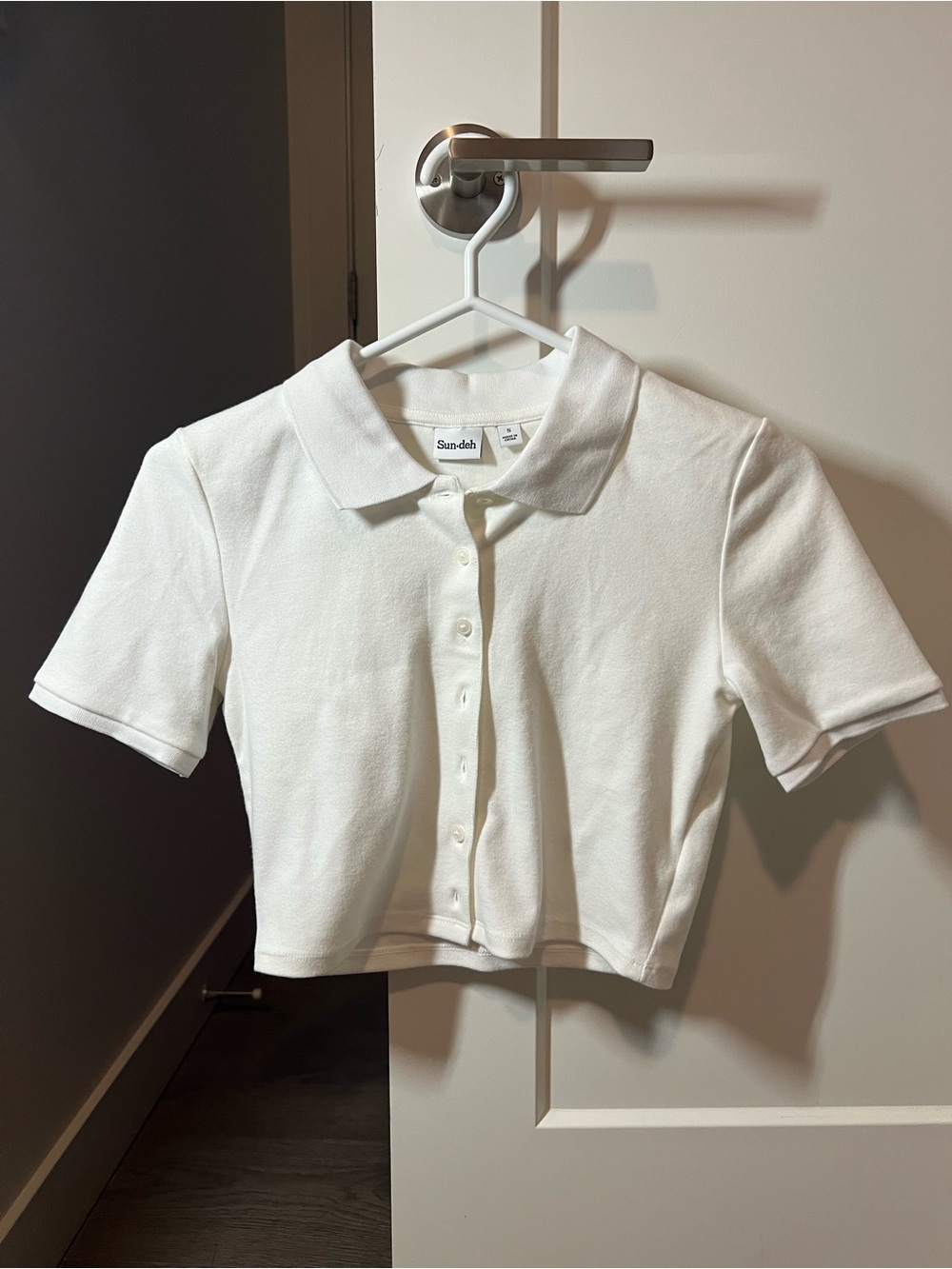 Aritzia Sun-deh White Cropped Polo Button-Up Top